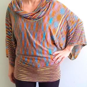 Vertigo Cowl Neck Sweater Butterfly Sleeves Fitted Waist Rainbow Multico…